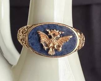Igor Carl Faberge 14K gold Russian Imperial double eagle signet ring on lapis lazuli * 8g * Size 10
