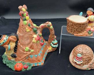 Cute Native American Themed Teapot, Creamer & Sugar Bowl * Enesco Karen Hahn 1996-1997