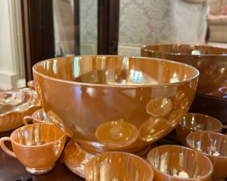 Vintage gold peach punch bowl set 13 pieces - Anchor Glass