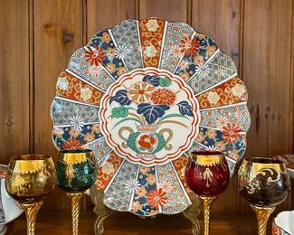 Vintage Imari Plate and 4 Murano Hock wine glasses