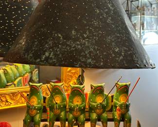 Primitive wood carved lamp with fishing frogs