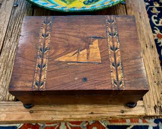 Antique Sewing Box with inlaid ship and wooden details