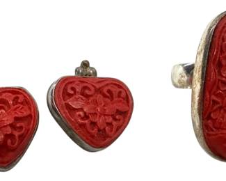 925 Silver Cinnabar Earrings Ring