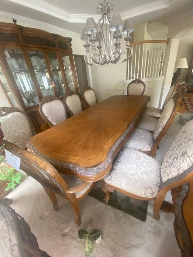 Michael Amini China cabinet and dinning room table with 10 chairs