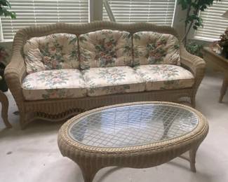 Pennsylvania house Wicker Large Sofa with Cushions and Oval Glass Top Table