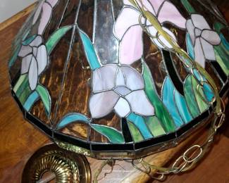 Tiffany Style hanging lamp w/ iris and pink flowers.  Five lights.  $75