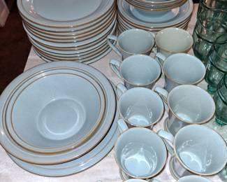 Prairie stoneware dinner set.  10 complete / 4piece settings and three serving pieces.