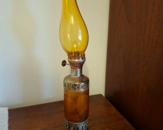 Vintage Amber Oil Lamp with silver accents.  $20