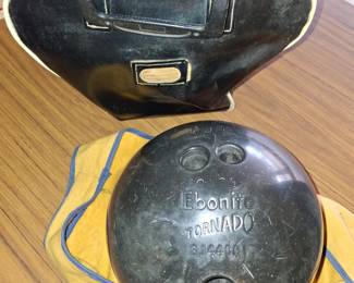 Vintage bowling ball and bag.