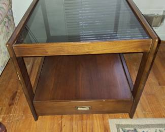 Set of two vintage mid-century modern two-tier end tables - $300