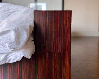 Michael Vanderbyl for Decca Home King Size Soma Bed in 603 EV Ebony Finish.  Pictured with Frette & Dea Bedding. Measures 81.5" W x 85.5" D x 45.5" H. Photo 6 of 8.