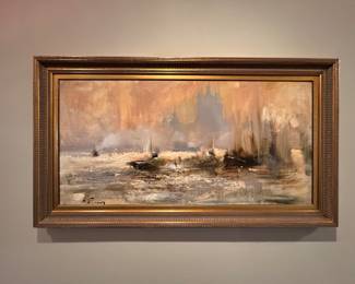 "St. Petersburg Harbor," Oil on Linen Signed by Artist Nikolai Blokhin. Canvas Measures 36.5" x 19"; Measures 40.5" W x 22.5" H Overall. Photo 1 of 2.