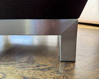 Michael Wolk Designed Sebring Mocha Stained Oak Side Table on Stainless Steel Base. Measures 23.5" x 23.5" x 18" H. Photo 2 of 2.