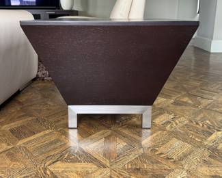 Michael Wolk Designed Sebring Mocha Stained Oak Side Table on Stainless Steel Base. Measures 23.5" x 23.5" x 18" H. Photo 1 of 2.