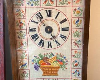 Vintage Embroidered Wall Clock with Fruit and Animal Motifs 1 hero