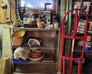 Potters bench,  lanterns and miscellaneous items. 