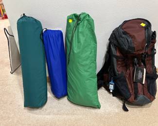 Camping gear, sleeping bags, self inflating camping pads and backpack