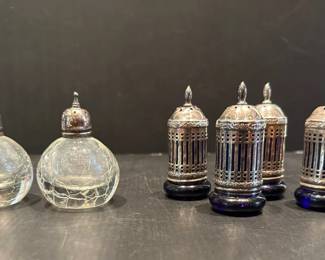 Vtg. crackle glass salt and pepper shakers and cobalt blue and silver shakers