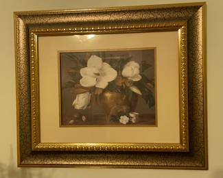 VTG White Magnolia Gold Framed Picture