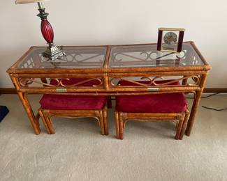Beautiful Rattan & Bamboo Console Table with Benches