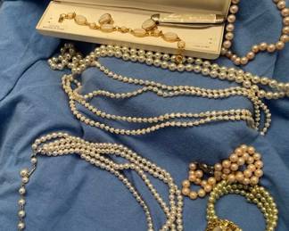 Mother Of Pearl And Faux Pearl Jewelry And Knife