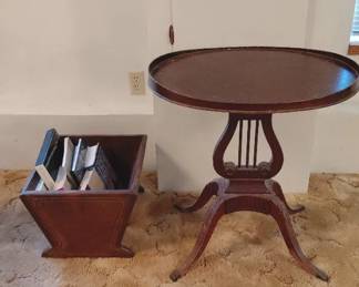 Wood Harp Detail Side Table And Wood Book Bin