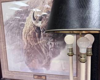 The Chief Bison Print with Brass Lamp