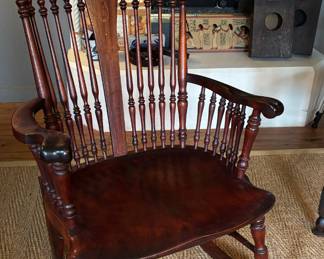 Late 1600's hand-carved Spindle Rocking Chair with mother of pearl inlay-AVAILABLE FOR PRE-SALE