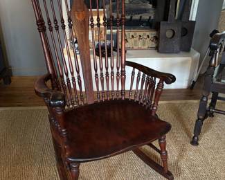 Late 1600's hand-carved Spindle Rocking Chair with mother of pearl inlay-AVAILABLE FOR PRE-SALE