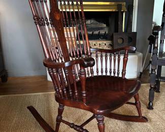 Late 1600's hand-carved Spindle Rocking Chair with mother of pearl inlay-AVAILABLE FOR PRE-SALE