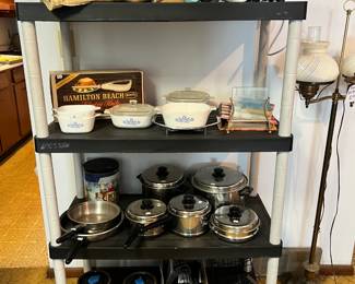 Vintage Lifetime pots and pans, Sunbeam 12 speed electric mixer, Corningware dishes, and more!