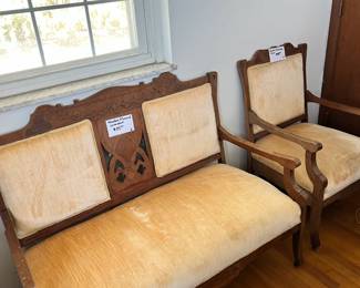 Wooden flowered loveseat and chair