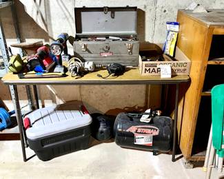 Various tools, tool chest, Rubbermaid Action Packer, Air Stream Portable 7 Gallon Air Tank 125 psi, and more!