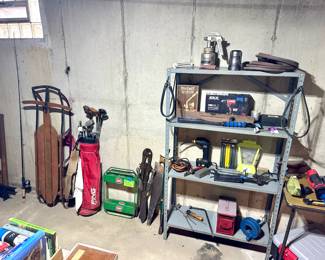 Lightning Guider sled, golf clubs, various tools, power tools