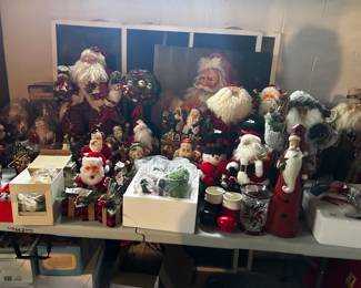 Tables of Santas and Christmas Decorations