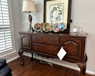 Cherry Wood Buffet, Crystal Pieces, and a Set of 6 Dinner Plates Signed by Guy Buffet, crafted in Germany.
