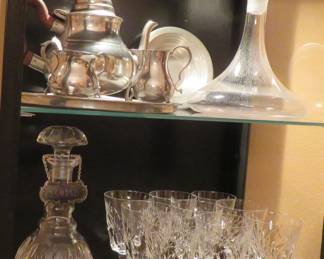 Williamsburg Stieff pewter coffee set.  Crystal decanter.  Waterford Ashling water goblets.  Gorham sterling scotch liquor tag.