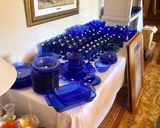 Tables full of blue glassware!