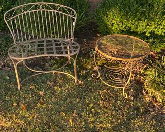 Iron outdoor bench and table.