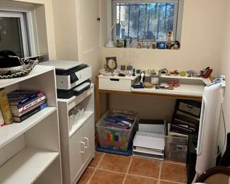 Frames; littles; desk; bookshelf; printer