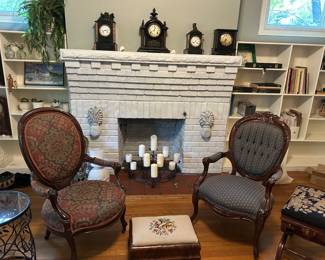 Antique chairs; footstools; candelabra; metal side table