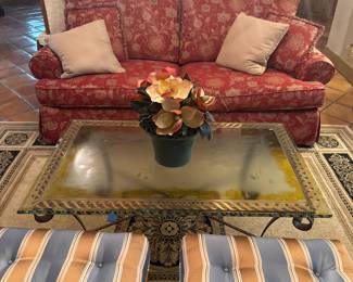 Comfortable and very clean sofa. Coffee table is frosted and can be used inside or out. 2 silk ottomans and useful in so many ways.