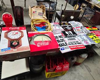 Coca Cola Clock & Neon, Lawn Darts, Misc Signage, Coke Carriers