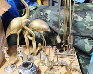 Brass Flamingo Statue - Brass Quail Fireplace Set. Misc Brass