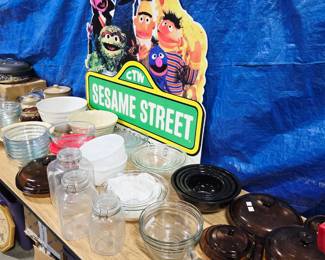 Sesame Street Double Sided Sign, Visionware, Pyrex Bowls etc.