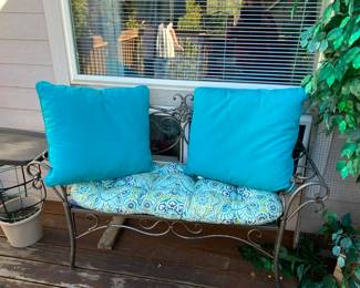 Metal Garden Bench With Turquoise Cushions