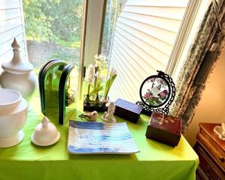 Unique foldout mirror, ceramic tray and wooden boxes