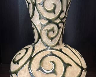 Enameled White Vase w/ Silver Tone Metal Overlay
