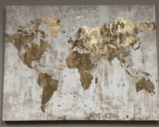 Print of World Map on Canvas Bluish-Brown & Beige