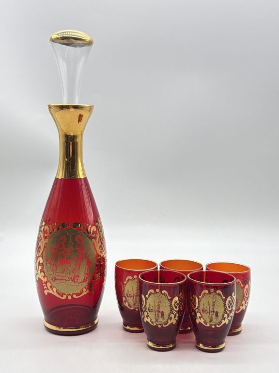 Mid Century Asian Inspired Ruby Red & Gilt Bar Set